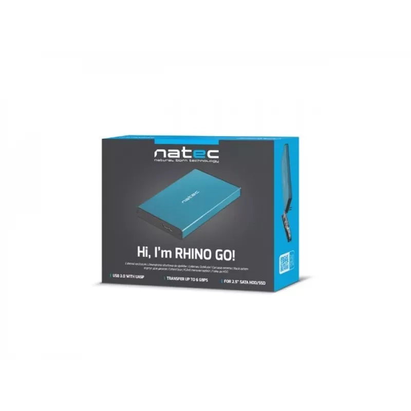 Išorinis HDD/SSD korpusas NATEC Rhino GO 2,5 colio – USB 3.0, SATA III, iki 4 TB, 9,5 mm, aliuminis, mėlynas