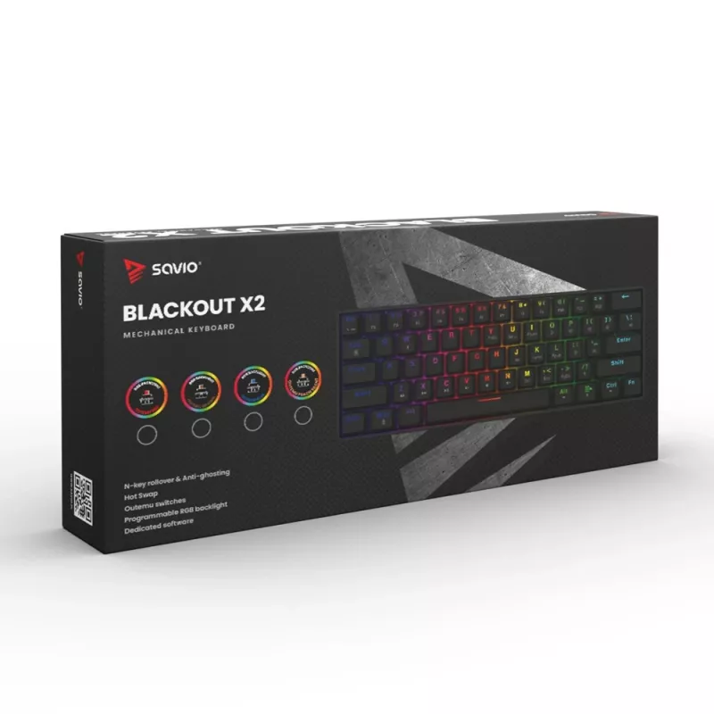 Mechaninė žaidimų klaviatūra SAVIO BLACKOUT X2 PEACH — 61 klavišų 60% QWERTY, RGB LED, hot-swap, USB Type-A/Type-C, atjungiamas kabelis