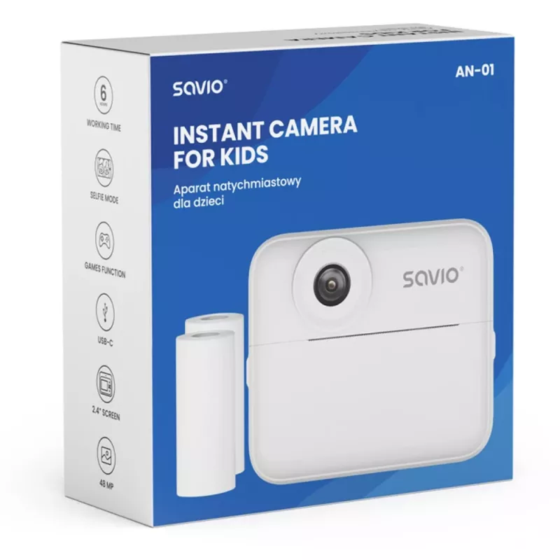 Momentinė spausdinimo kamera SAVIO AN-01 vaikams, balta, 2,4 colio LCD, MicroSDHC iki 32 GB, USB-C, 1200 mAh baterija, be įmontuotos blykstės