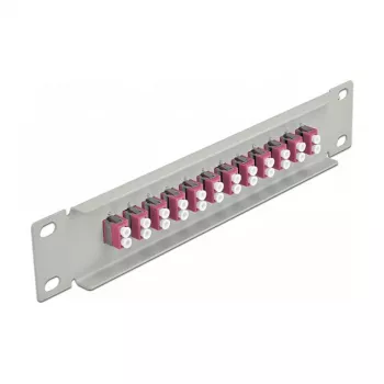 Skaidulinės optikos skirstymo panelė DeLOCK 10 colių 12 prievadų LC Duplex violetinė 1U pilka