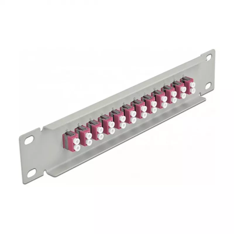 Skaidulinės optikos skirstymo panelė DeLOCK 10 colių 12 prievadų LC Duplex violetinė 1U pilka