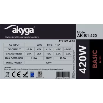 Akyga Basic AK-B1-420 ATX maitinimo blokas 420 W, 120 mm ventiliatorius, pasyvus PFC, pilkas
