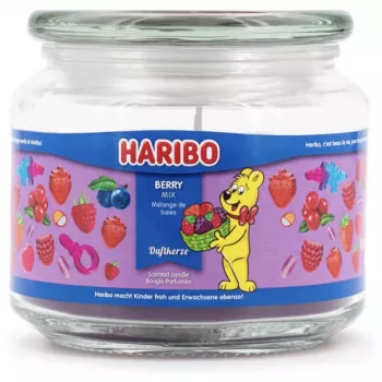 Kvepianti vaško žvakė Haribo A2168 apvali gervuogė-avietė-braškė, rožinė, 100 mm × 100 mm, 300 g, stikliniame inde
