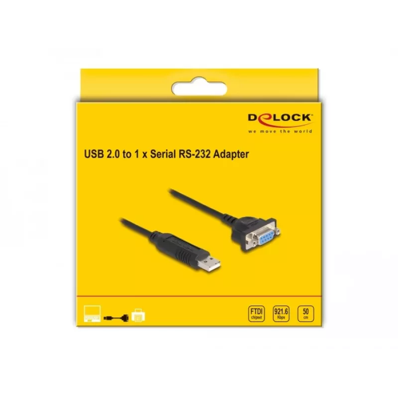 DeLOCK USB 2.0 į RS-232 adapteris su FTDI mikroschema, 50 cm, juodas