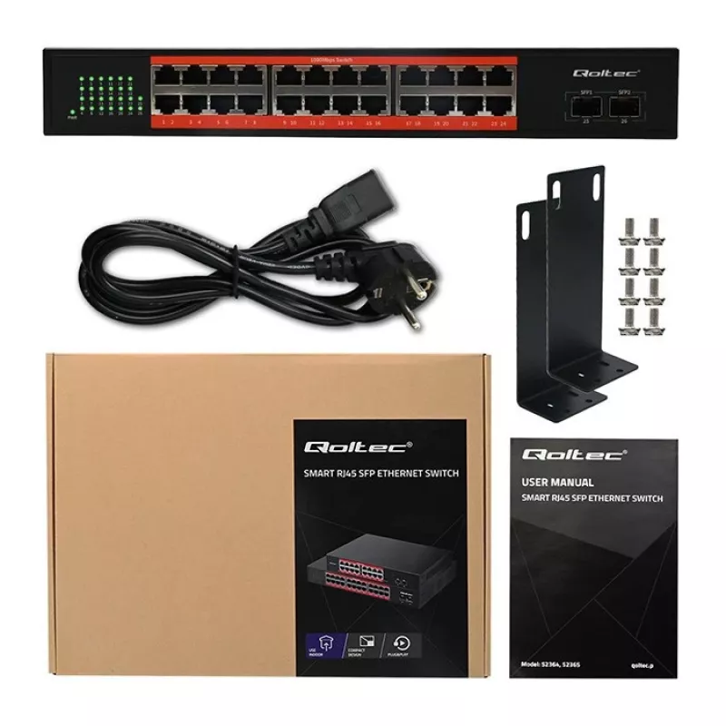 Tinklo jungiklis QOLTEC Gigabit Ethernet PoE 24xRJ45 2xSFP