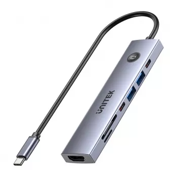 USB-C stotelė Unitek H1124AGY01 su 100W PD, HDMI 2.0, 2x USB-A, 2x USB-C, SD/microSD skaitytuvu – aliuminis