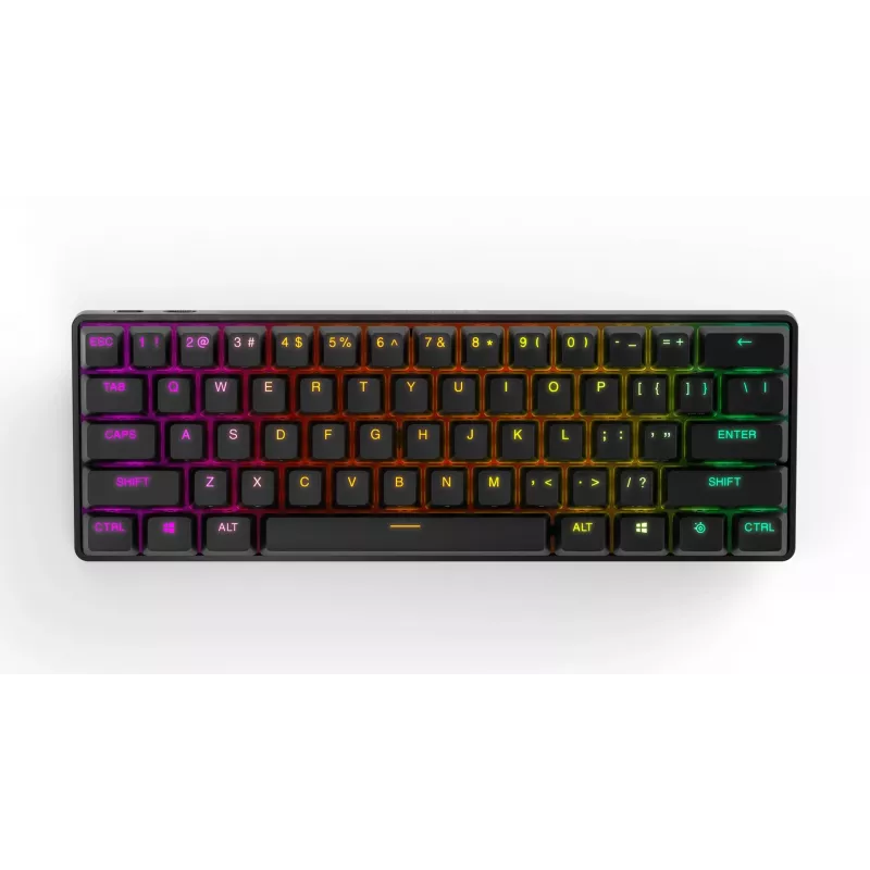 Mechaninė žaidimų klaviatūra STEELSERIES Apex Pro Mini Wireless — 60% formos faktorius, USB + RF belaidis + Bluetooth, QWERTY US, Juoda