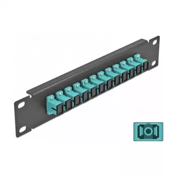 Skaidulinės optikos pataisų skydas DeLOCK 10 colių 12 prievadų SC Simplex aqua 1U juodas