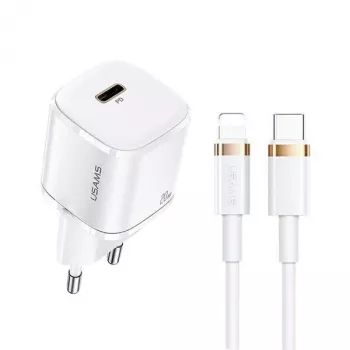 USAMS T36 mini USB-C tinklo įkroviklis, 20 W, PD 3.0, su 1 m USB-C – Lightning kabeliu