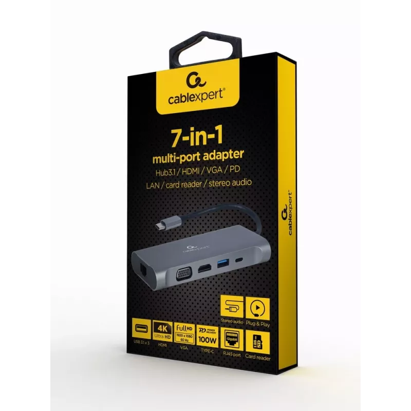 Gembird A-CM-COMBO7-01 nešiojamojo kompiuterio dokas / prievadų replikatorius USB 3.2 Gen 1 (3.1 Gen 1) Type-A pilkas