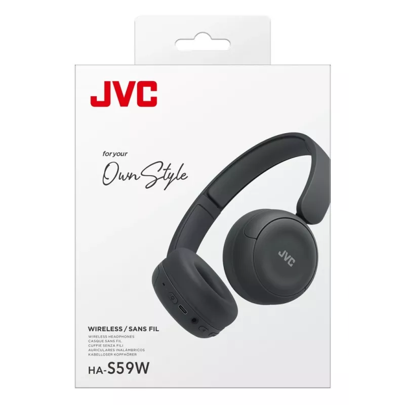 Ausinės JVC HA-S59W – laidinės ir belaidės Bluetooth, USB‑C, supra-aural, 20–20000 Hz, 1,2 m kabelis, 148 g, juodos