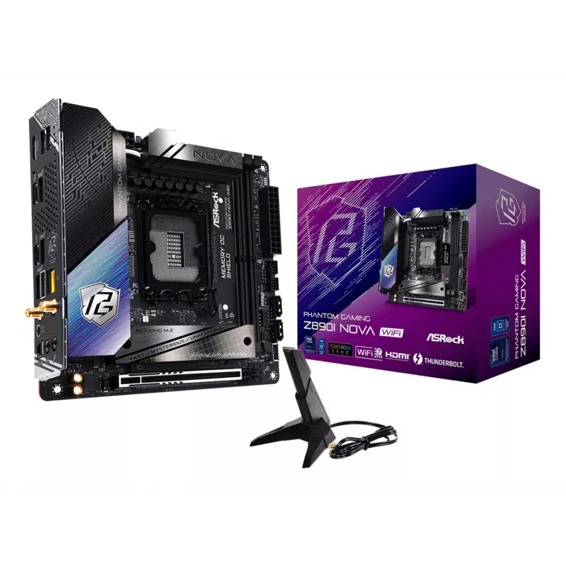 Motininė plokštė ASRock Phantom Gaming Z890I Nova WiFi — Intel Z890, LGA 1851, mini ITX, DDR5, 2x M.2, Wi‑Fi 6E/7, 5Gb LAN, Thunderbolt