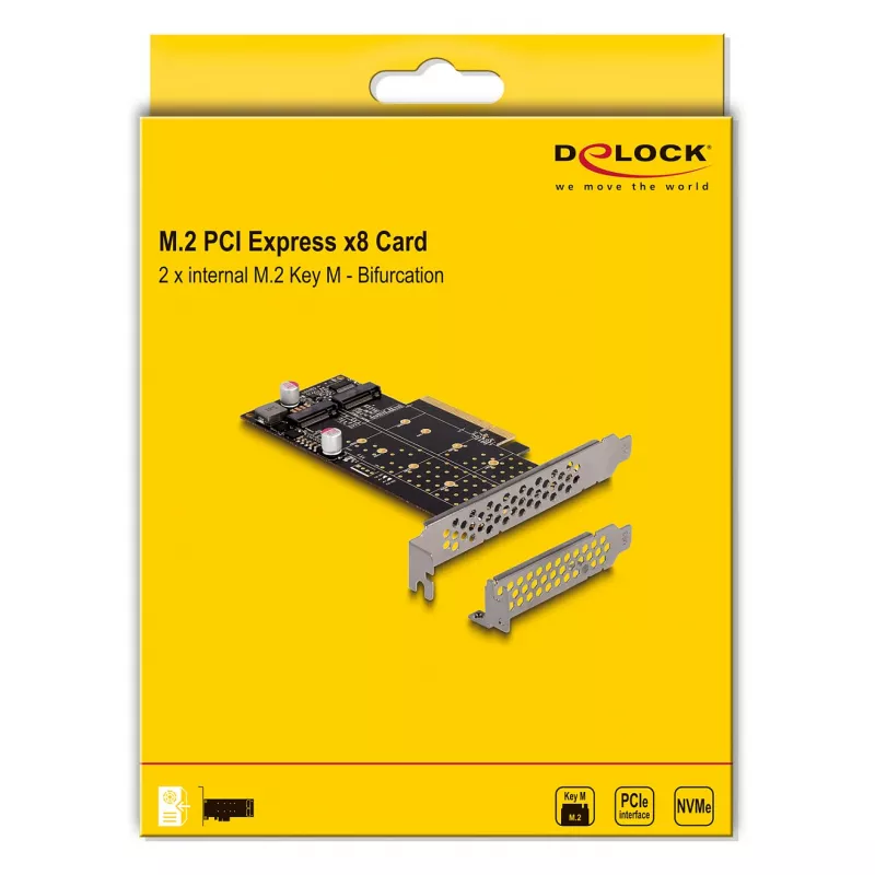 DeLOCK PCI Express x8 kortelė su 2 x vidiniais NVMe M.2 Key M lizdais, bifurkacija, Low Profile