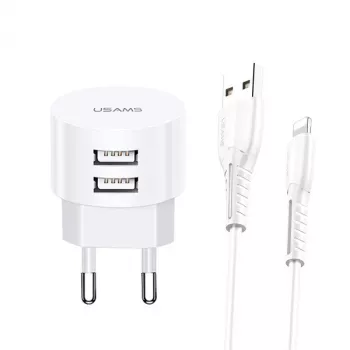 usams Charger T20 2x USB 2,1A su Lightning laidu – nešiojamas sieninis USB įkroviklis