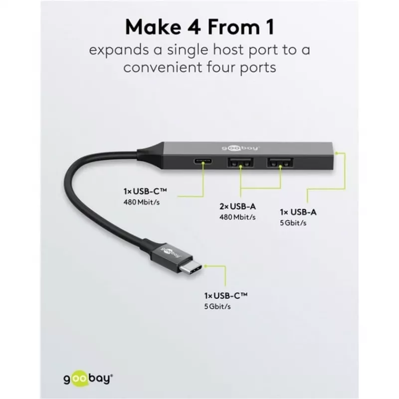 Goobay Slim 4-Port USB-Hub, USB-C™ į USB-C™/USB-A, USB 3.2 (74459)