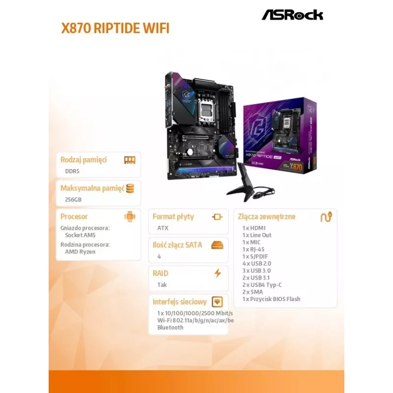 Motininė plokštė ASRock X870 Riptide WiFi — ATX, AMD X870, Socket AM5, DDR5, 4 DIMM, 256 GB, Wi‑Fi 7, 2.5GbE