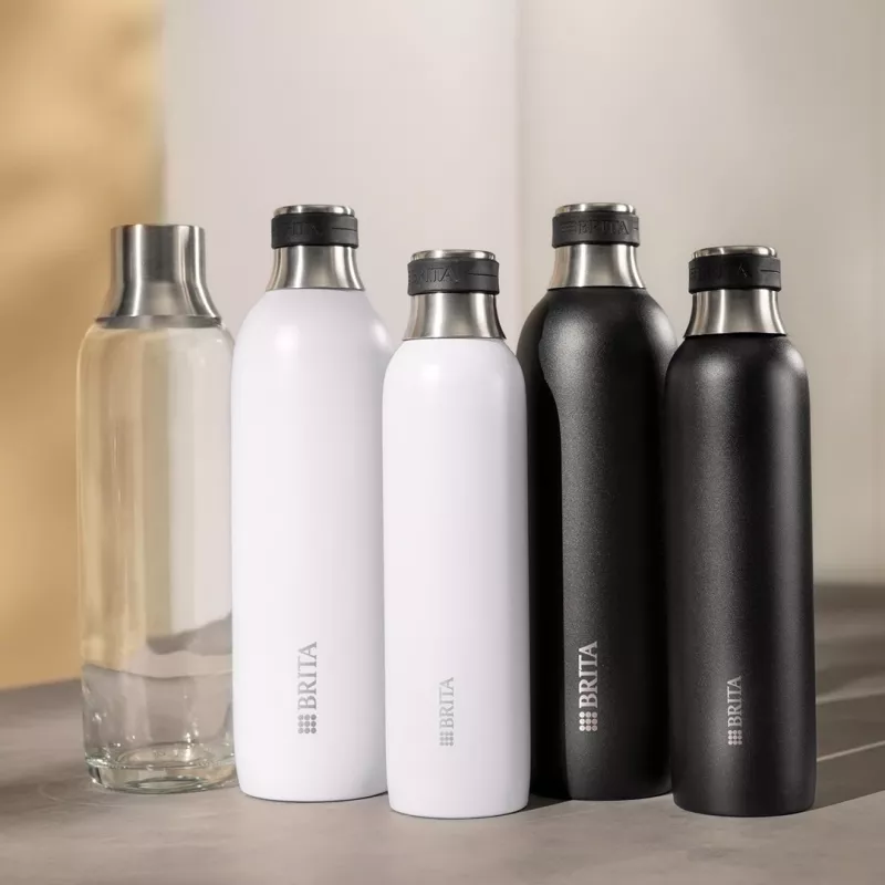 BRITA 118426 karbonizavimo butelis – 1 L stiklinis butelis su nerūdijančio plieno dangteliu, 287 mm aukštis, 2 vnt. pakuotė