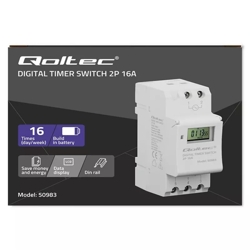 DIN bėgelio elektroninis laikmatis QOLTEC 50983, maitinamas baterija, automatikos grandinėms