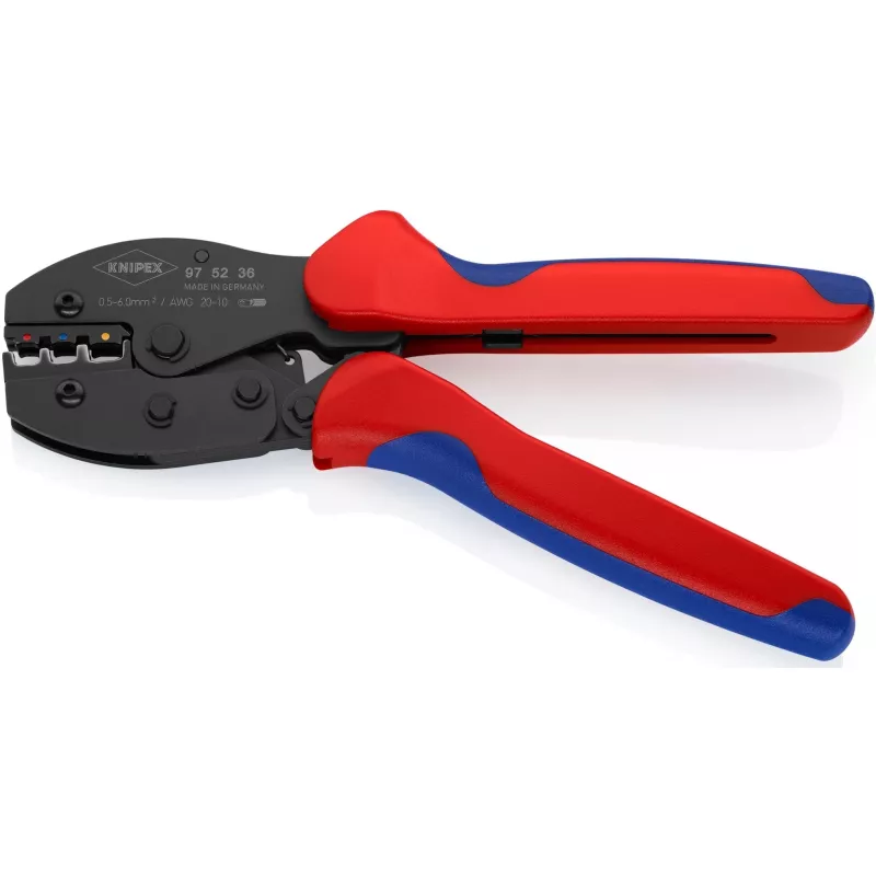 Krimpavimo replės Knipex PreciForce 975236 SB – izoliuotos rankenos, juoda, mėlyna, raudona