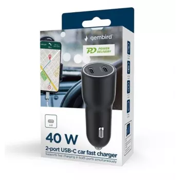 Gembird TA-UC-C2PD40-CAR-01 automobilinis maitinimo adapteris, juodas