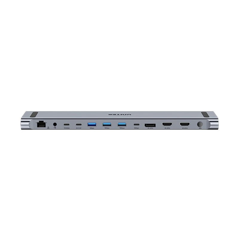 KVM jungiklis Unitek D1106AGY01 USB-C triguba 4K dokų stotelė su KVM, 3x USB-A, 5x USB-C, HDMI×2, DP×1, RJ-45, SD skaitytuvas, 3840×2160@60Hz, aliuminis
