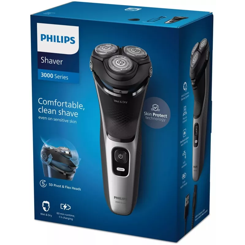 Elektrinis skustuvas Philips 3000 Series S3143/00 – 3 rotacinės galvutės, šlapias ir sausas skutimas, Li-Ion, 60 min veikimo laikas