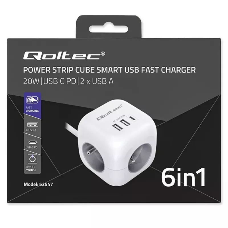 Power Cube QOLTEC 52547 maitinimo blokas 3×AC lizdai, 2×USB-A, 1×USB-C PD 20W