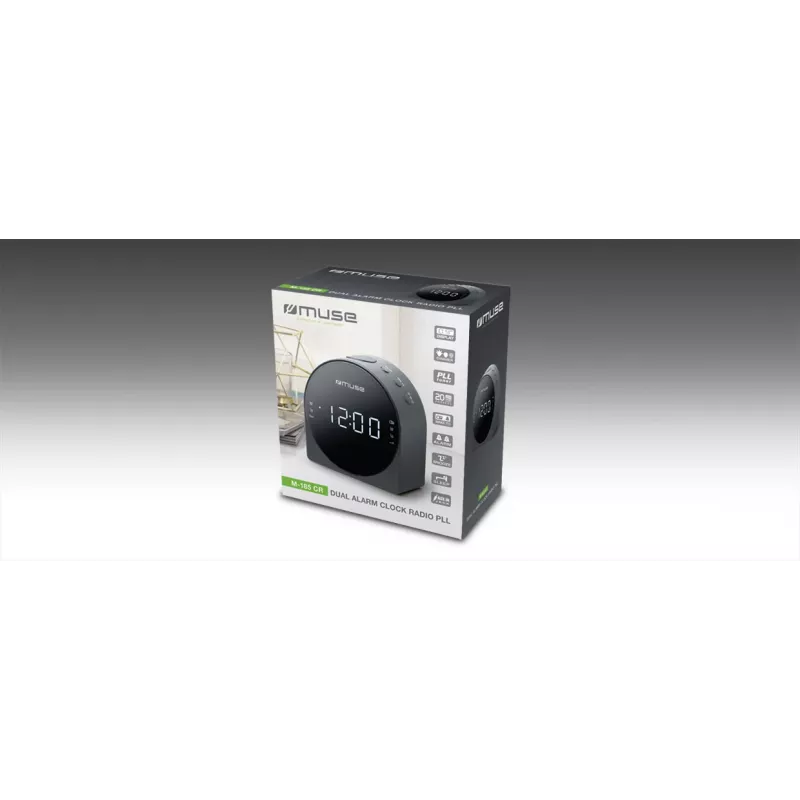 Žadintuvas radijas Muse M-185 CR – FM/MW, 0,9 col. LED ekranas, AC 230V su AAA baterijų atsarginiu maitinimu, juodas
