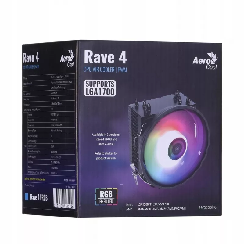 CPU aušintuvas AEROCOOL PGS Rave 4 FRGB 120 mm ventiliatorius, 4 šilumos vamzdeliai, ARGB, 120×25 mm, 1800 RPM, 12 V, 0,5 A