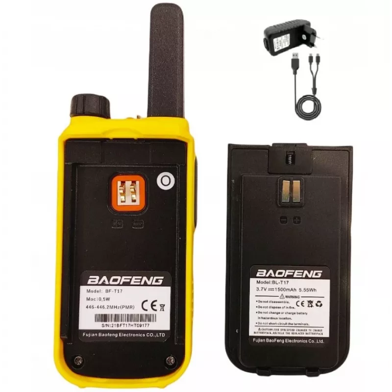 Nešiojama racija Baofeng BF-T17 – vaikiška racija, 16 kanalų, 5 W, 400–470 MHz, 1500 mAh akumuliatorius, geltona