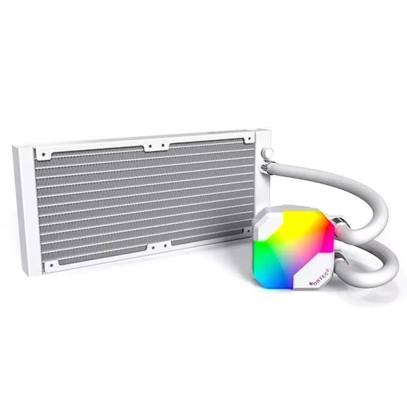 AIO vandens aušintuvas Montech Hyper Flow ARGB 240 mm White – 240 mm radiatorius, ARGB apšvietimas, balta spalva