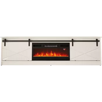 Spintelė televizoriui su elektriniu židiniu Cama Meble GRANERO modelis RTV GRANERO + KOM B/B, 200x56,7x35 cm, balta/blizganti balta, 2 durys, 2 lentynos, MDF/mdrožlė