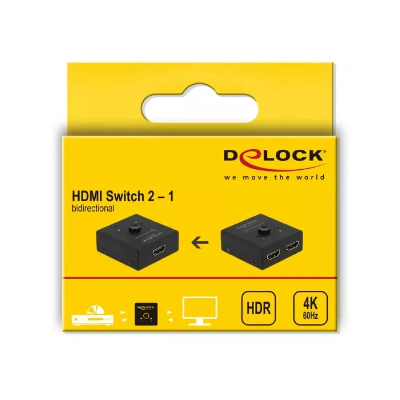 DeLock HDMI 2:1 dvipusis jungiklis 4K 60 Hz kompaktiškas – Mažmeninė dėžutė – Vaizdo/garso perjungiklis – 2 x HDMI – stalinis (64072)