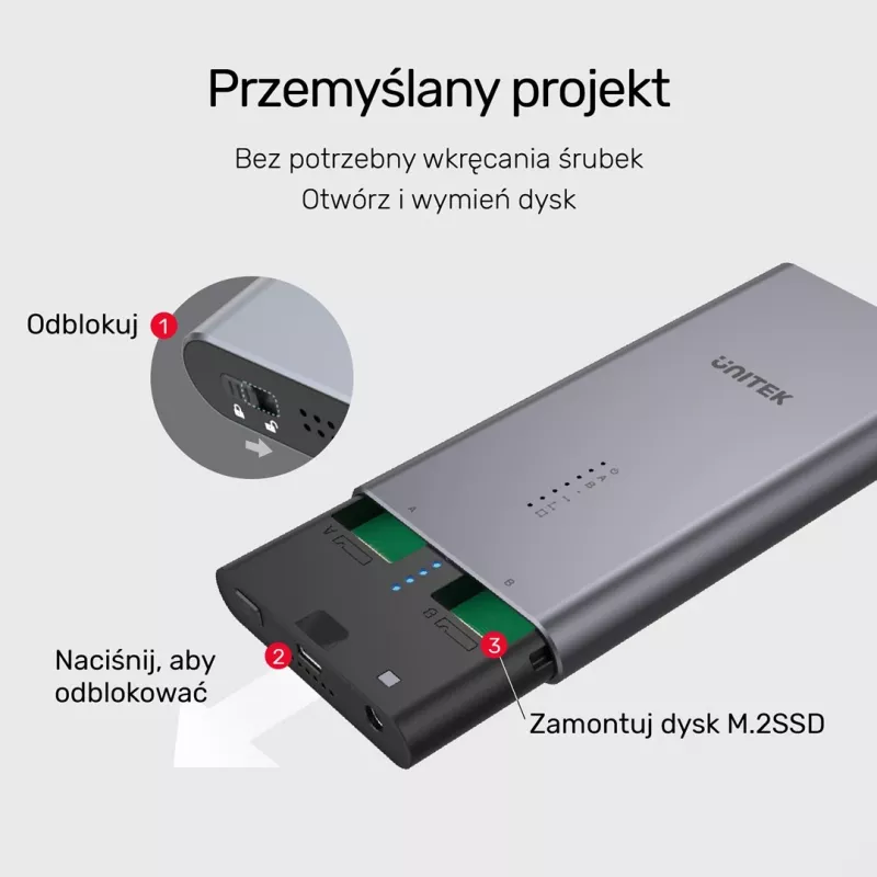 SSD dėklas Unitek S1206A 2× M.2 NVMe PCIe Gen3 x4, USB 3.2 Gen 2 (10 Gbit/s), aliuminis, USB-C, su maitinimo šaltiniu