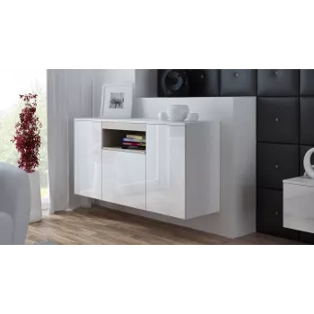 Sideboard Cama Meble VIVA 150 balta/balta blizgi ir sonoma ąžuolas, 3 durys, 5 lentynos, 1500×450×800 mm
