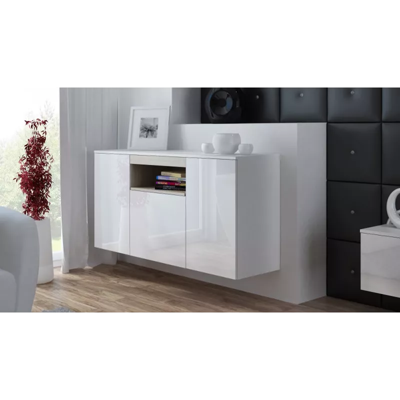 Sideboard Cama Meble VIVA 150 balta/balta blizgi ir sonoma ąžuolas, 3 durys, 5 lentynos, 1500×450×800 mm