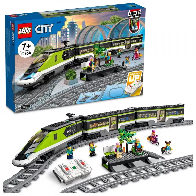 LEGO 60337 City Express keleivinis traukinys nuotolinio valdymo rinkinys su veikiančiais priekiniais žibintais, 2 vagonais ir 24 bėgių dalimis