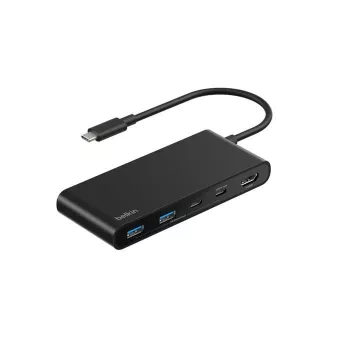 Belkin Connect USB-C centras, USB Type-C, HDMI, USB 2.0 Type-A, USB 3.2 Gen 1 Type-C, MicroSD, SD, juodas, apvalus kabelis, 0,2 m