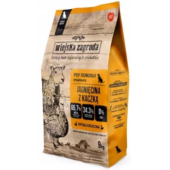 Sausas šunų ėdalas Wiejskazagroda Adult Small Ėriena su Antiena 9 kg – be grūdų, 34% baltymų, 23% riebalų