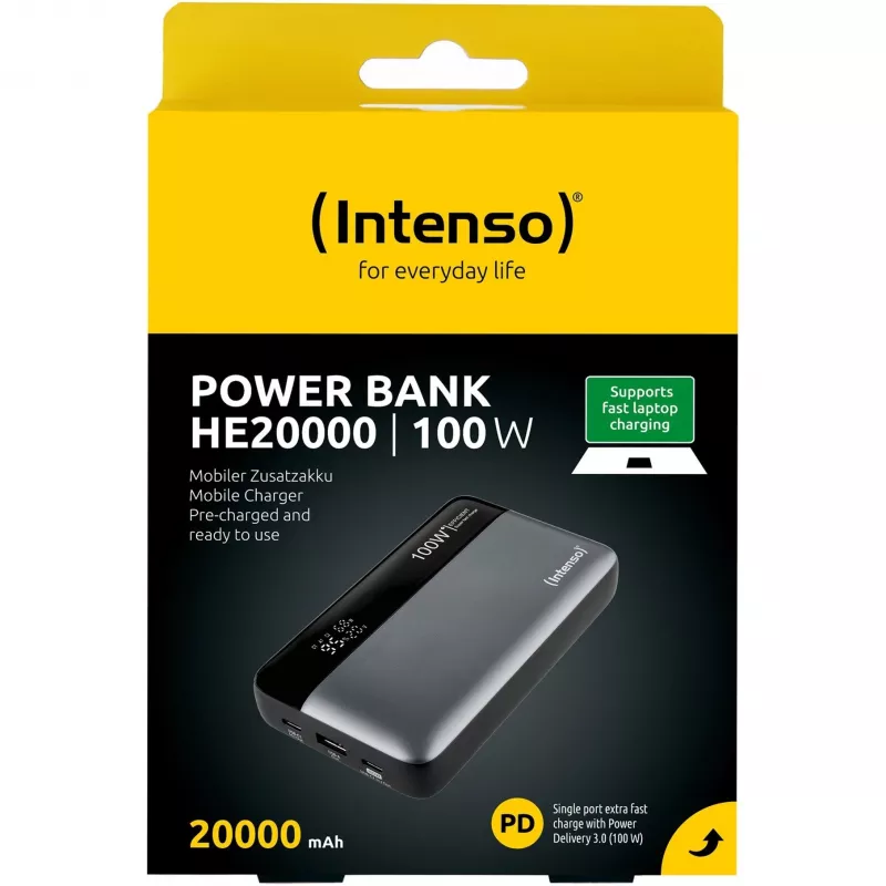 Power bank INTENSO 7350050 – 20000 mAh, 1× USB-A + 2× USB-C, 100 W bendra galia, juoda/pilka
