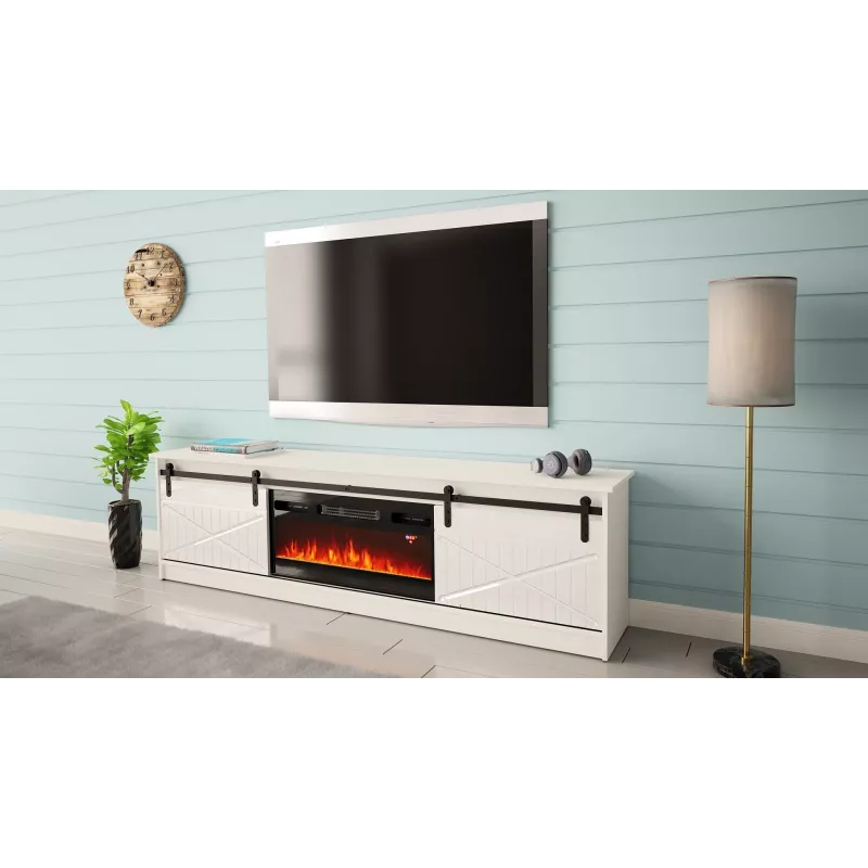 Spintelė televizoriui su elektriniu židiniu Cama Meble GRANERO modelis RTV GRANERO + KOM B/B, 200x56,7x35 cm, balta/blizganti balta, 2 durys, 2 lentynos, MDF/mdrožlė