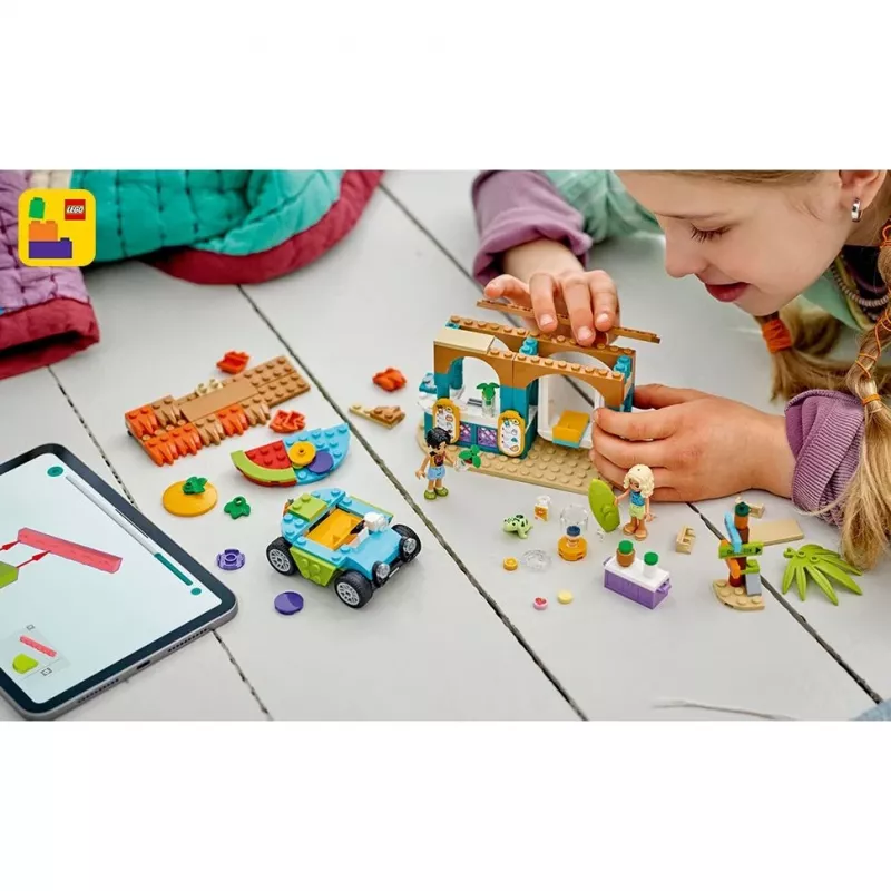 LEGO Friends paplūdimio kokteilių stendas – vaikiškas vaidmenų žaidimų rinkinys su 2 mini lėlytėmis, vėžlio figūrėle ir aksesuarais, nuo 6 metų