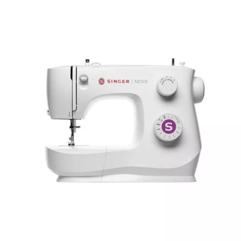 SINGER M2505 mechaninė siuvimo mašina – 10 dygsnių, automatinė sagos kilpa, laisva rankovė, balta