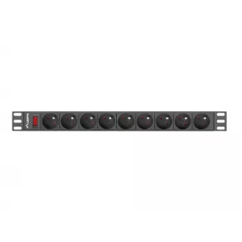 Maitinimo paskirstymo blokas LANBERG PDU-09E-0300-BK — 9x E tipo lizdai, 16 A, 220–250 V, 3 m laidas, 1U, 19 colių