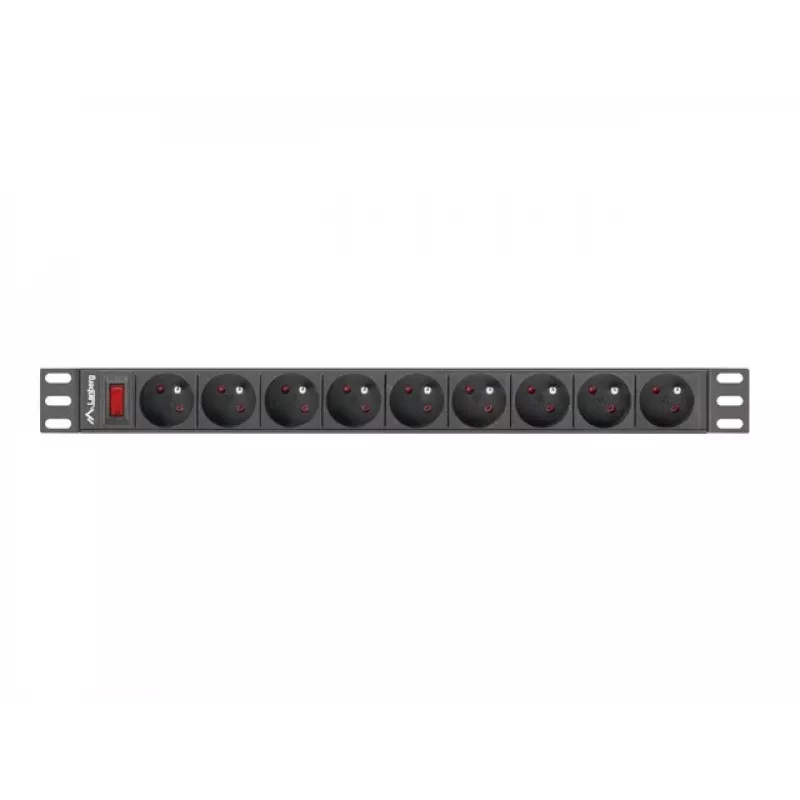 Maitinimo paskirstymo blokas LANBERG PDU-09E-0300-BK — 9x E tipo lizdai, 16 A, 220–250 V, 3 m laidas, 1U, 19 colių