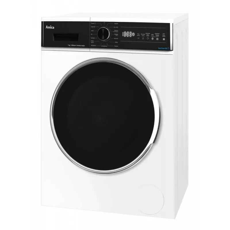 Laisvai pastatoma skalbimo mašina AMICA WA3S712BLiSHB, 7 kg, 1200 aps./min., 2100 W, LED ekranas, juodos spalvos durelės