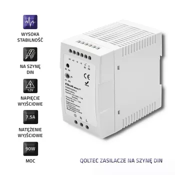 Qoltec 50914 DIN bėgio maitinimo šaltinis | 90W | 12V | 7,5A | Baltas | Plonas