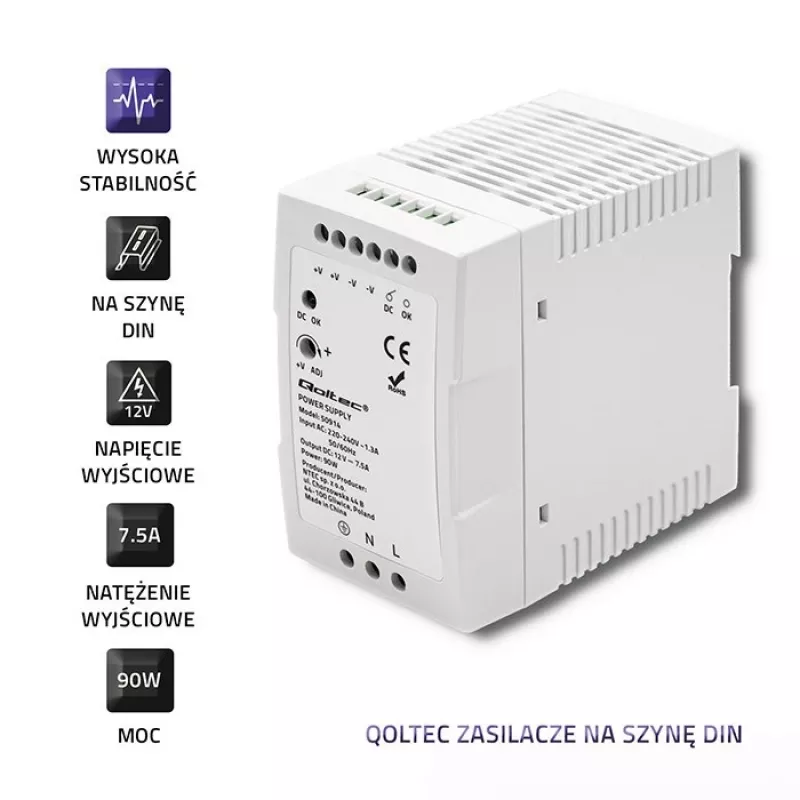 Qoltec 50914 DIN bėgio maitinimo šaltinis | 90W | 12V | 7,5A | Baltas | Plonas