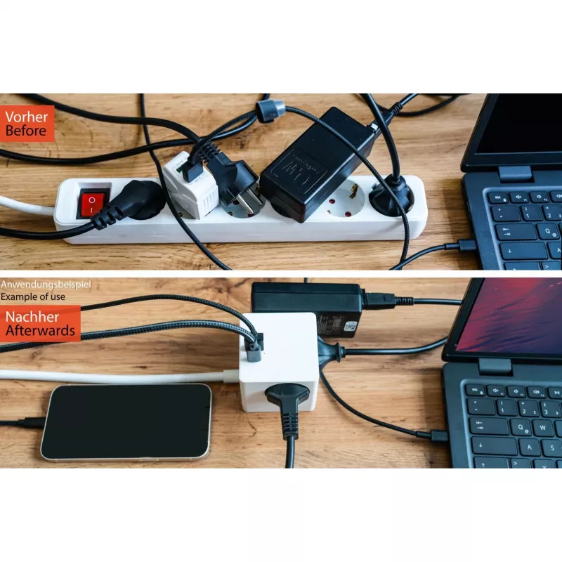 Kabelmeister SW01-W030 lizdų blokas kubo formos, 3x Schuko, USB-C (20 W, PD 3.0) + USB-A (18 W), 3 m kabelis, baltas