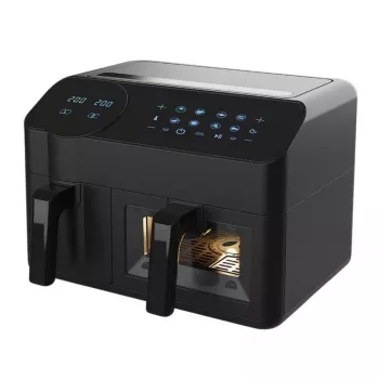 Elektrinė karšto oro gruzdintuvė Maestro MR-760 — stalviršinė dviejų dubenėlių konstrukcija, 3,5 L + 6 L, liečiamasis valdymas, 2000–2400 W, juoda